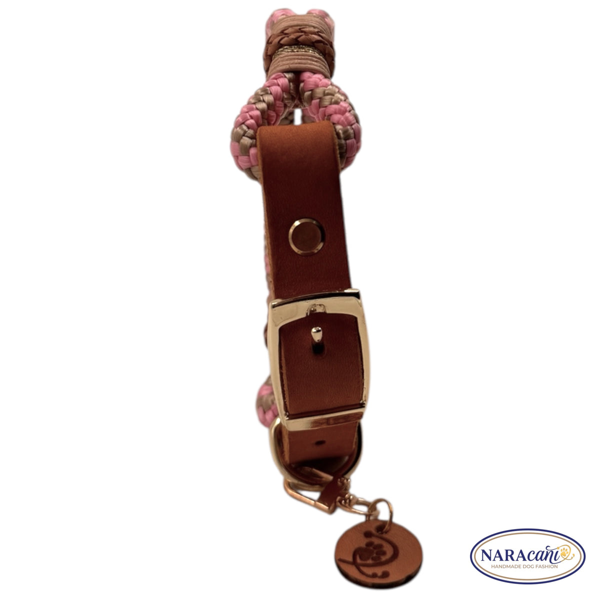 Hundehalsband Fettleder Cognac Paracord Tompouce 🐾 Rosa-Beige, Gold-Dornschließe & Glitzer-Takelung 🐾 Classic & Elegant 🐾 NARAcani