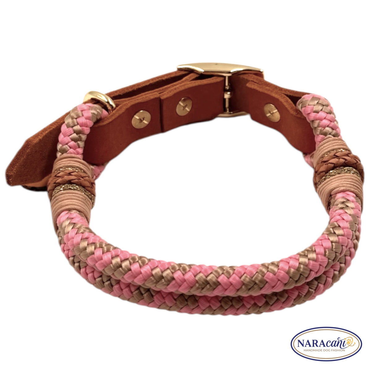 Hundehalsband Fettleder Cognac Paracord Tompouce 🐾 Rosa-Beige, Gold-Dornschließe & Glitzer-Takelung 🐾 Classic & Elegant 🐾 NARAcani