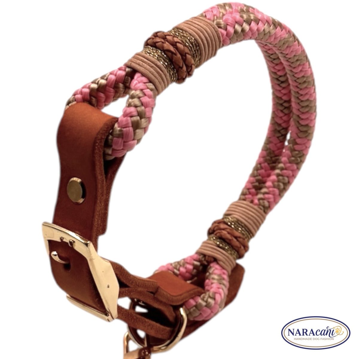 Hundehalsband Fettleder Cognac Paracord Tompouce 🐾 Rosa-Beige, Gold-Dornschließe & Glitzer-Takelung 🐾 Classic & Elegant 🐾 NARAcani