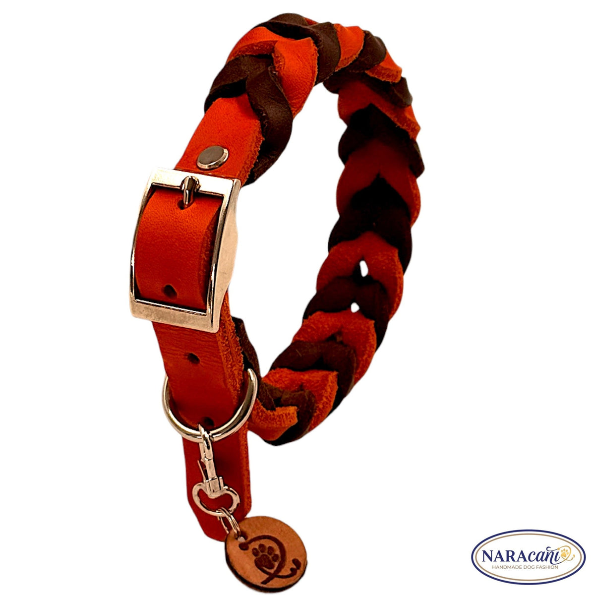 Schnalle und Beschläge des Fettleder-Halsbands Dunkelbraun-Orange, Detailansicht
