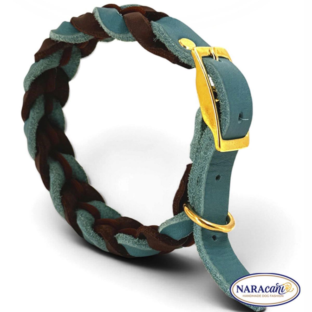 Schnalle und Beschläge des Fettleder-Halsbands Türkis-Dunkelbraun, Detailansicht