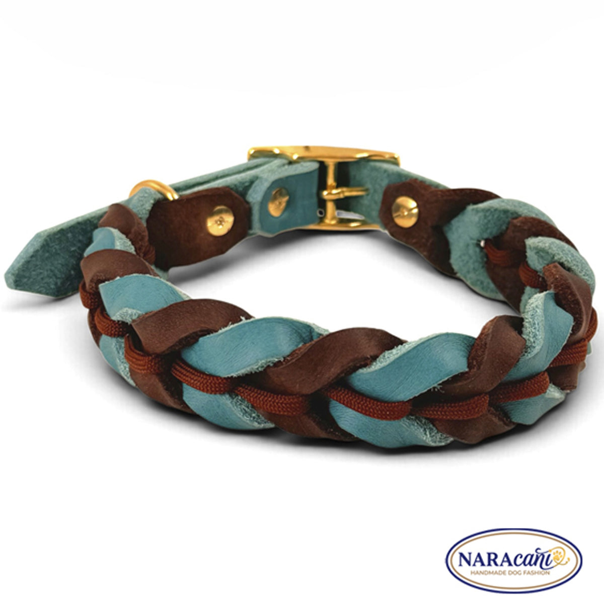 Kaffeebrauner Paracord auf dem geflochtenen Fettleder in Türkis im Materialdetail