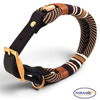Leder-Adapter mit Schnalle am Paracord-Halsband Navy-Gold, Detailansicht