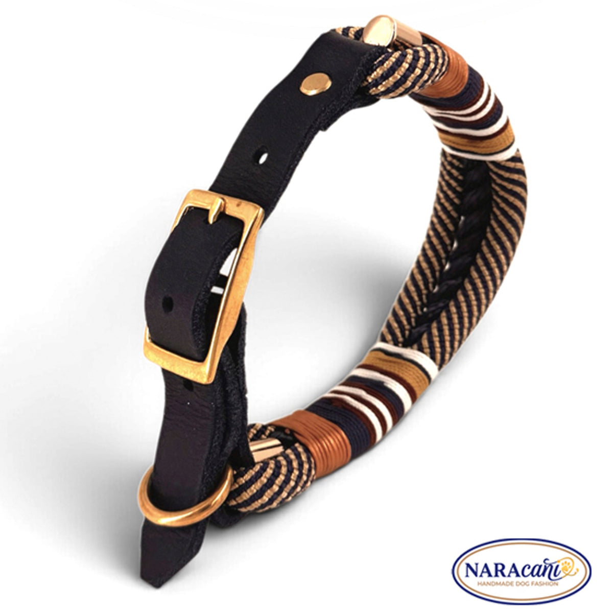 Goldfarbene Spiralkordel und marineblaues Paracord-Tau am Halsband, Nahaufnahme