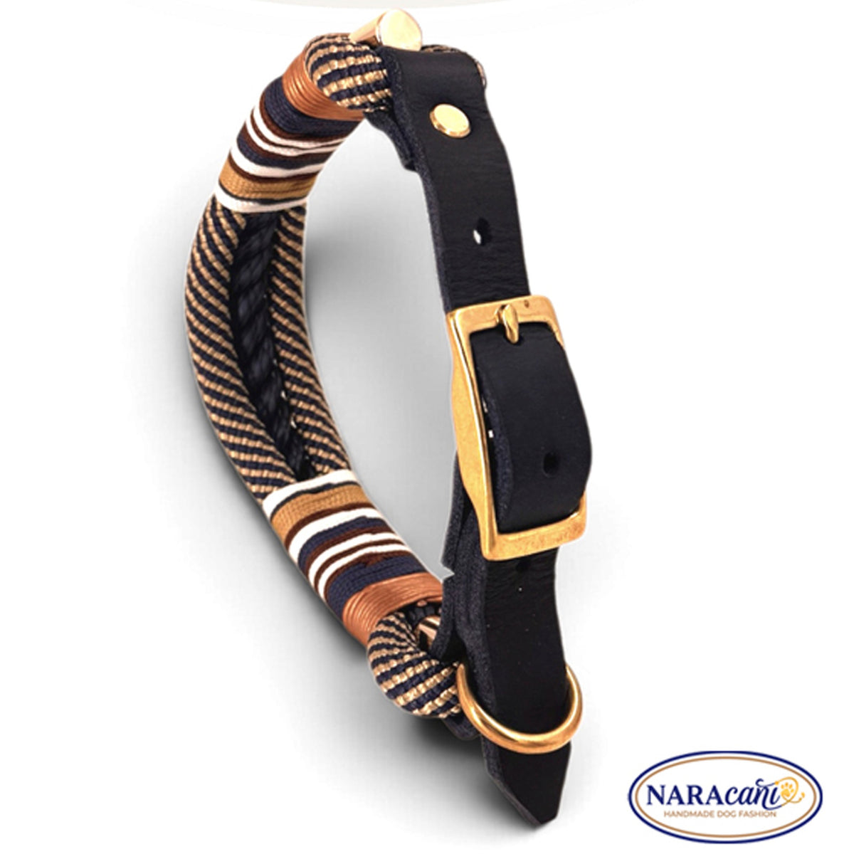 Hundehalsband aus zwei Paracord-Tauen in Marineblau und Gold mit Leder-Adapter, Gesamtansicht