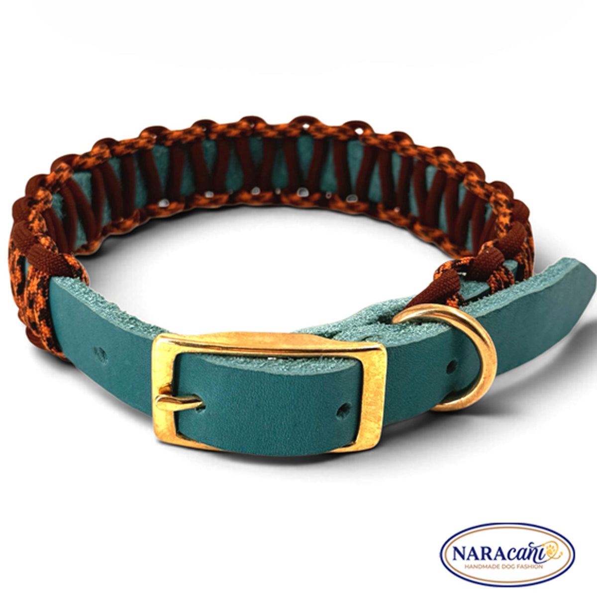 Hundehalsband Fettleder Türkis-Coffee mit Paracord-Cobraknoten, in voller Länge ausgelegt
