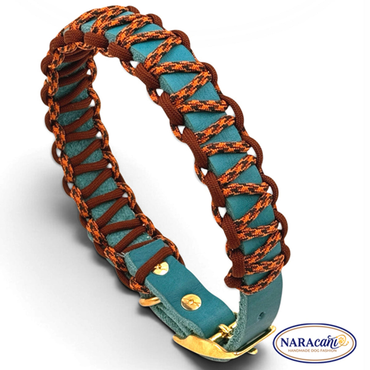 Hundehalsband aus türkisem Fettleder mit Cobraknoten aus Leopard-Paracord, Gesamtansicht