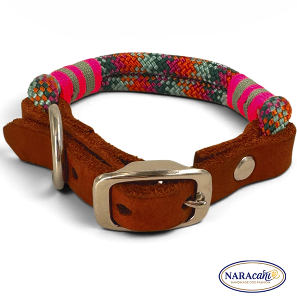 Cognac-Leder-Adapter mit Schnalle und O-Ring am Bohemian-Halsband, Detailansicht