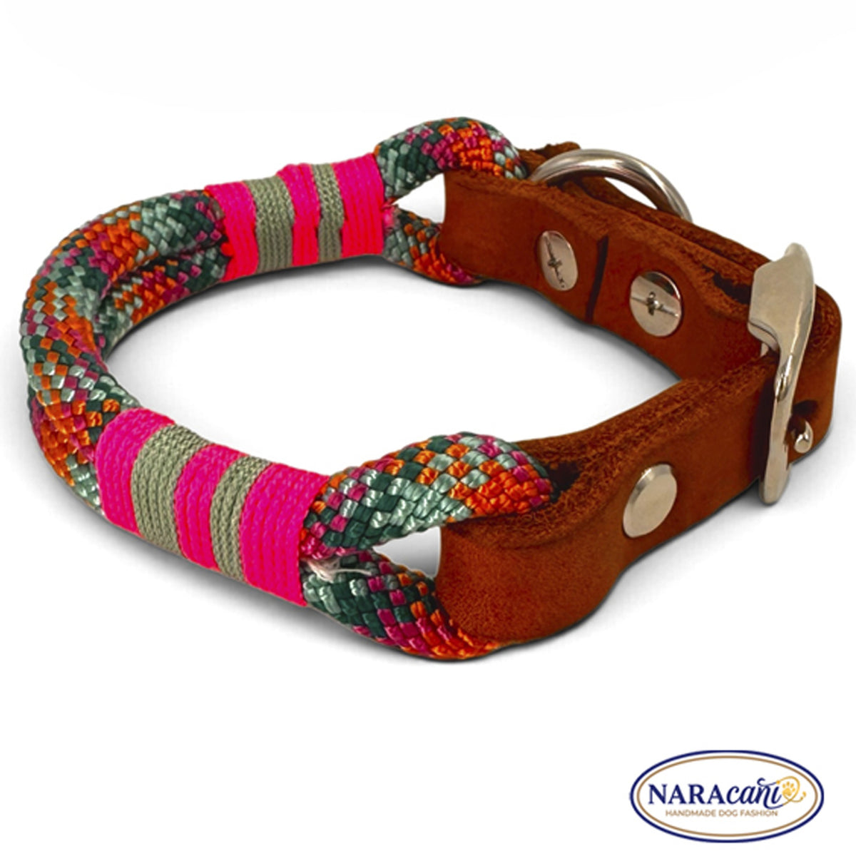 Hundehalsband Paracord Bohemian Neonpink-Seegras, in voller Länge ausgelegt