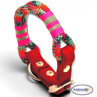 Hundehalsband aus buntem Bohemian-Paracord mit Cognac-Leder-Adapter, Gesamtansicht