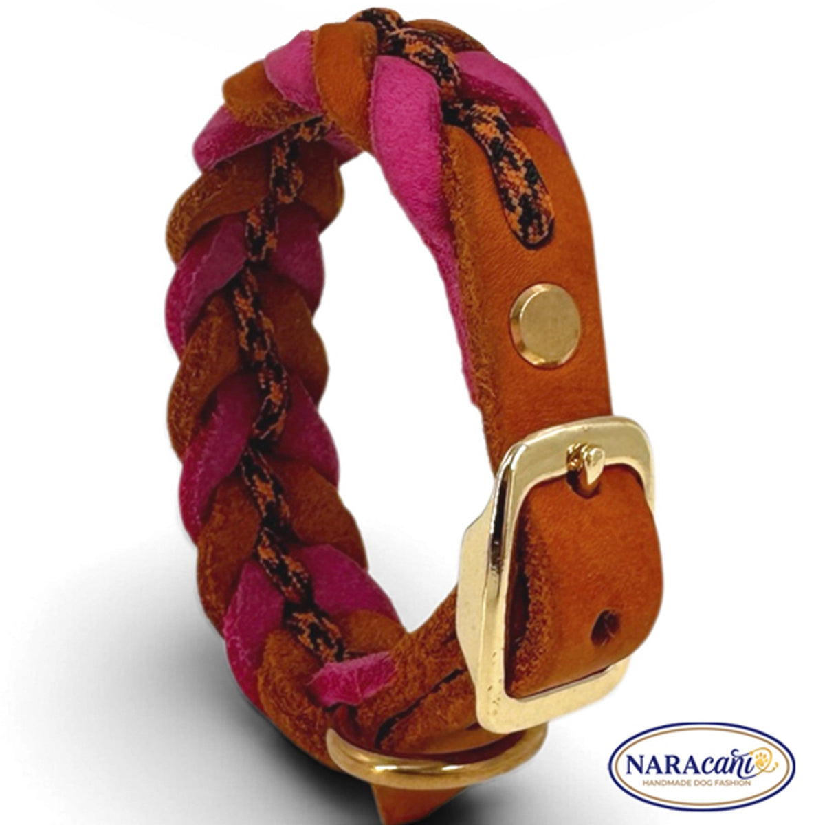 Fettleder-Halsband in Pink und Cognac, in sich geflochten, Gesamtansicht