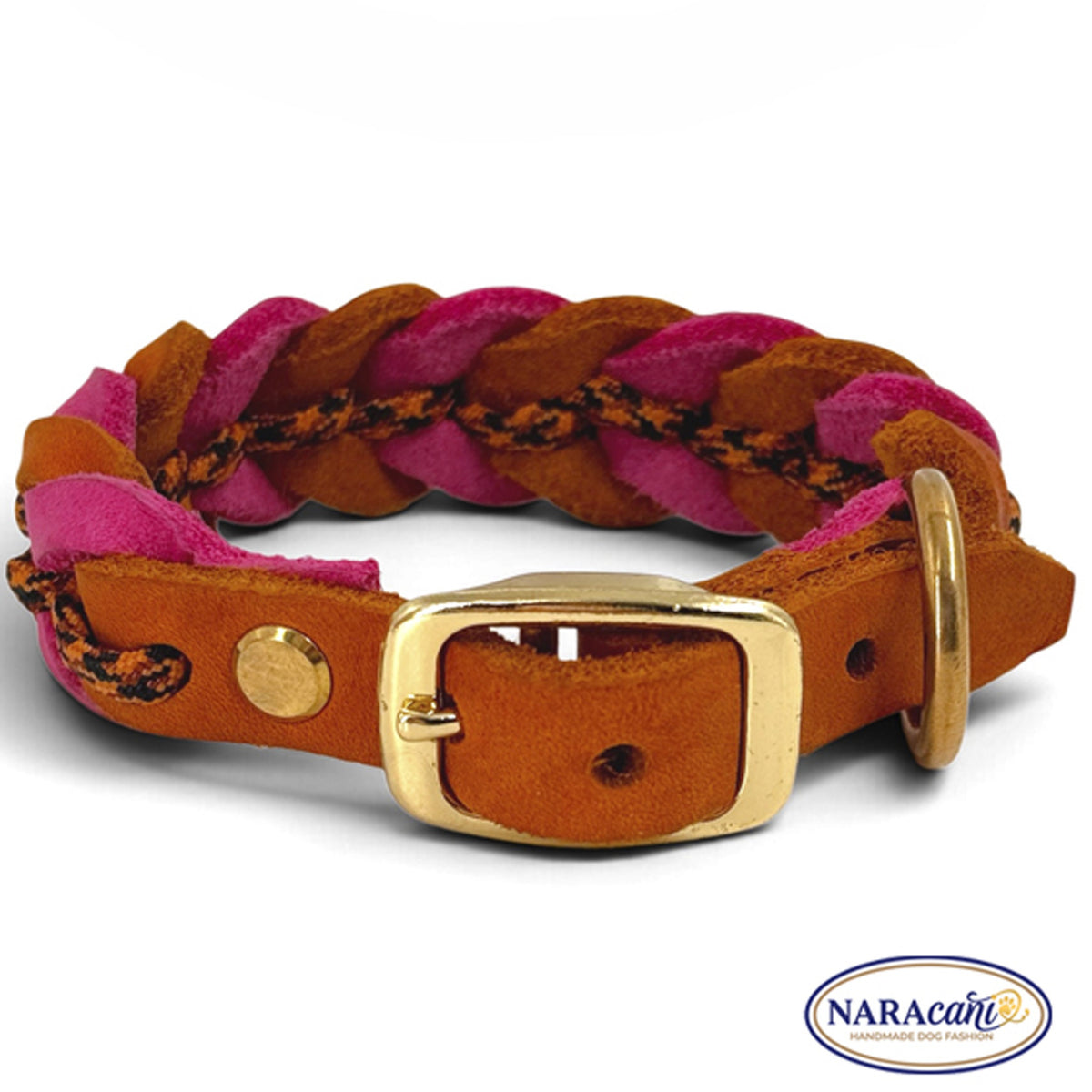 Schnalle und Beschläge des geflochtenen Fettleder-Halsbands Pink-Cognac, Detailansicht