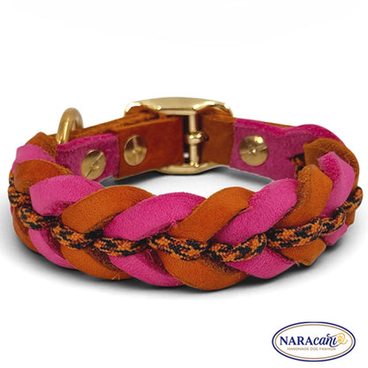 Hundehalsband Fettleder Pink-Cognac mit Leopard-Paracord, in voller Länge ausgelegt