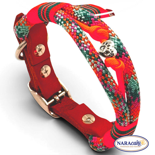 Hundehalsband aus buntem Bohemian-Paracord mit Cognac-Leder-Adapter, Gesamtansicht