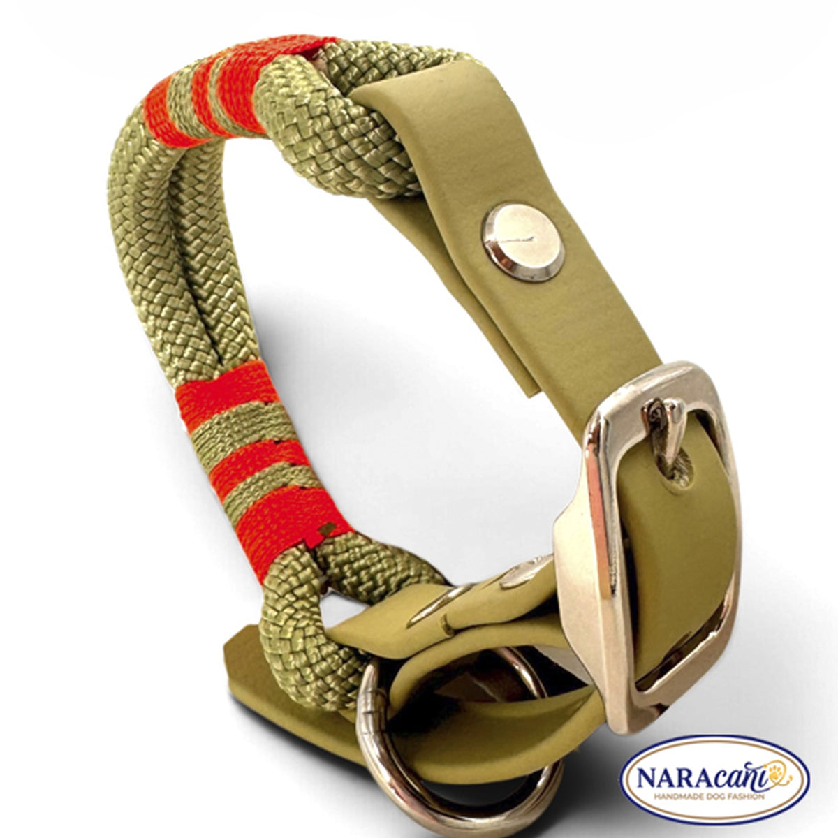 Hundehalsband aus Paracord in Guacamole mit Biothane-Adapter, Gesamtansicht