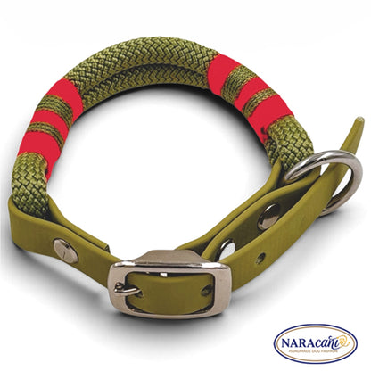 Zweifarbige Takelung in Guacamole und Neonorange am Paracord-Halsband, Nahaufnahme