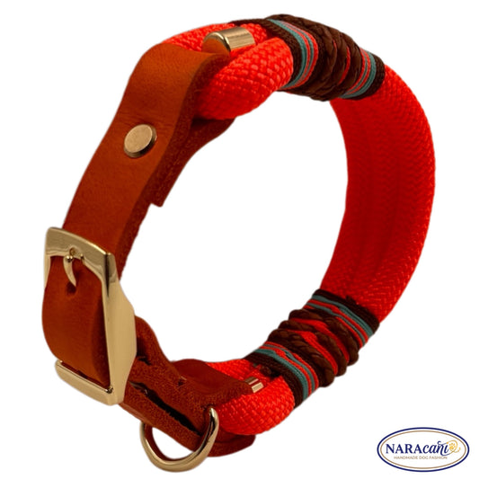 Hundehalsband Paracord Fettleder-Adapter Orange-Neonorange 🐾 3-farbige Takelung Aqua-Schoko 🐾 Loud & Crazy 🐾 NARAcani Handmade