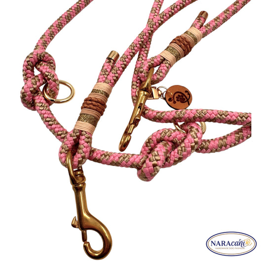 Hundeleine Multifunktionsleine Paracord Tompouce Rosa-Beige 🐾 3-fach Verstellbar, Glitzergold-Takelung 🐾 Classic & Elegant 🐾 NARAcani