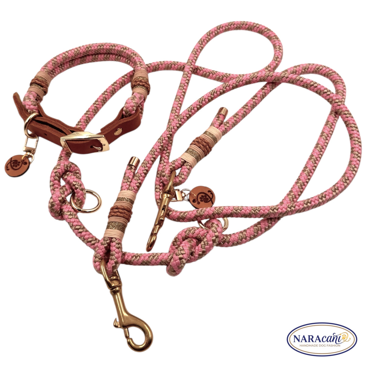 Hundeleine Multifunktionsleine Paracord Tompouce Rosa-Beige 🐾 3-fach Verstellbar, Glitzergold-Takelung 🐾 Classic & Elegant 🐾 NARAcani