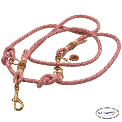 Hundeleine Multifunktionsleine Paracord Tompouce Rosa-Beige 🐾 3-fach Verstellbar, Glitzergold-Takelung 🐾 Classic & Elegant 🐾 NARAcani