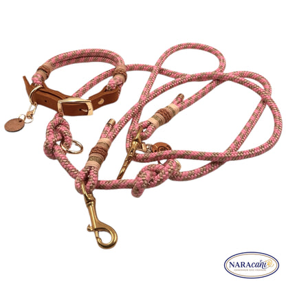 Hundeleine Multifunktionsleine Paracord Tompouce Rosa-Beige 🐾 3-fach Verstellbar, Glitzergold-Takelung 🐾 Classic & Elegant 🐾 NARAcani