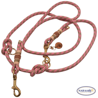 Hundeleine Multifunktionsleine Paracord Tompouce Rosa-Beige 🐾 3-fach Verstellbar, Glitzergold-Takelung 🐾 Classic & Elegant 🐾 NARAcani