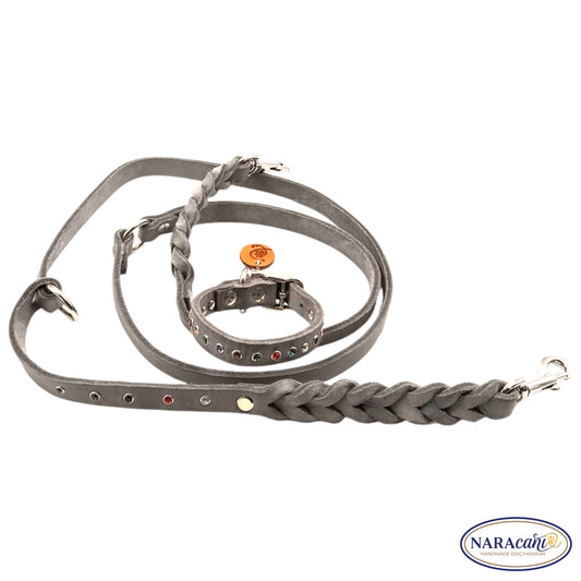 Hundeleine Fettleder Grau Strass-Nieten 🐾 Teilweise Geflochten, Verstellbar mit 2 Karabinern 🐾 Classic & Elegant 🐾 NARAcani