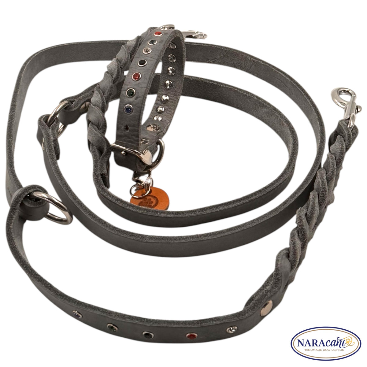 Hundeleine Fettleder Grau Strass-Nieten 🐾 Teilweise Geflochten, Verstellbar mit 2 Karabinern 🐾 Classic & Elegant 🐾 NARAcani