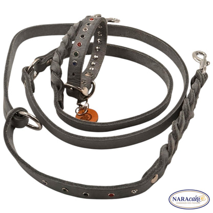 Hundeleine Fettleder Grau Strass-Nieten 🐾 Teilweise Geflochten, Verstellbar mit 2 Karabinern 🐾 Classic & Elegant 🐾 NARAcani