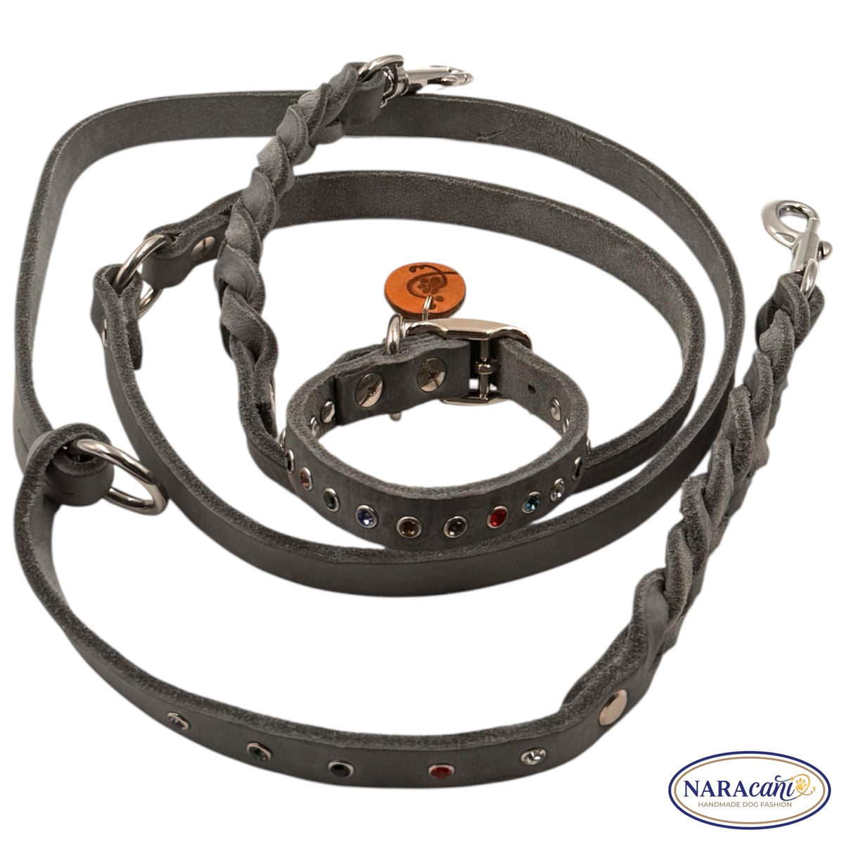 Hundeleine Fettleder Grau Strass-Nieten 🐾 Teilweise Geflochten, Verstellbar mit 2 Karabinern 🐾 Classic & Elegant 🐾 NARAcani