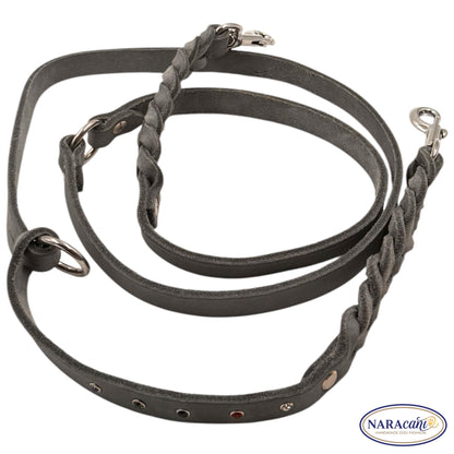 Hundeleine Fettleder Grau Strass-Nieten 🐾 Teilweise Geflochten, Verstellbar mit 2 Karabinern 🐾 Classic & Elegant 🐾 NARAcani