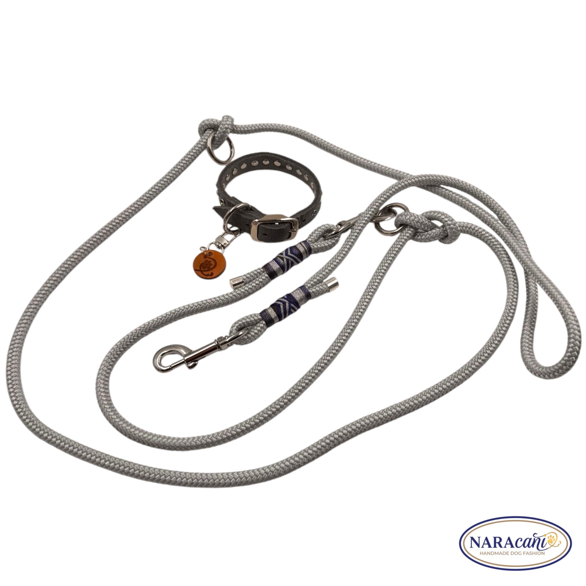 Hundeleine Multifunktionsleine Paracord Silbergrau 🐾 3-fach Verstellbar, Herz-Takelung 3-farbig 🐾 Classic & Elegant 🐾 NARAcani