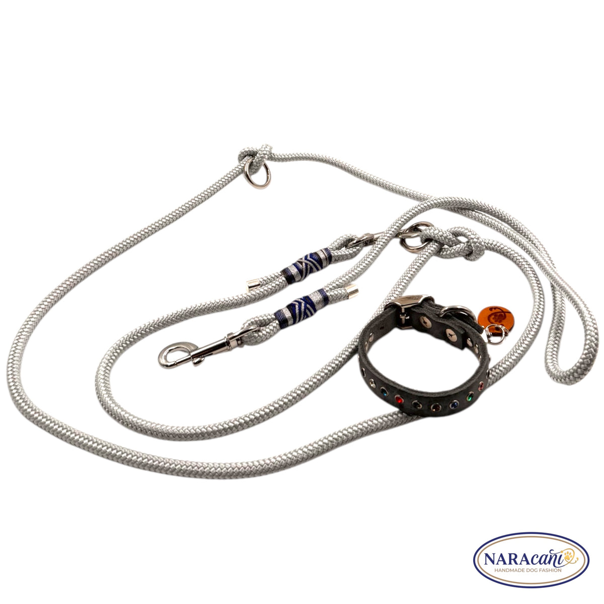 Hundeleine Multifunktionsleine Paracord Silbergrau 🐾 3-fach Verstellbar, Herz-Takelung 3-farbig 🐾 Classic & Elegant 🐾 NARAcani