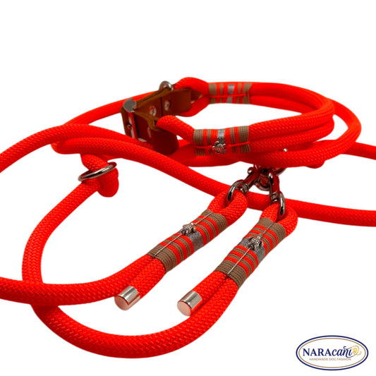 Hundeleine Multifunktionsleine Paracord Neonorange 🐾 6-fach Verstellbar, Takelung Latte Macchiato-Neonorange, Turtle-Charm 🐾 Loud & Crazy 🐾 NARAcani Handmade
