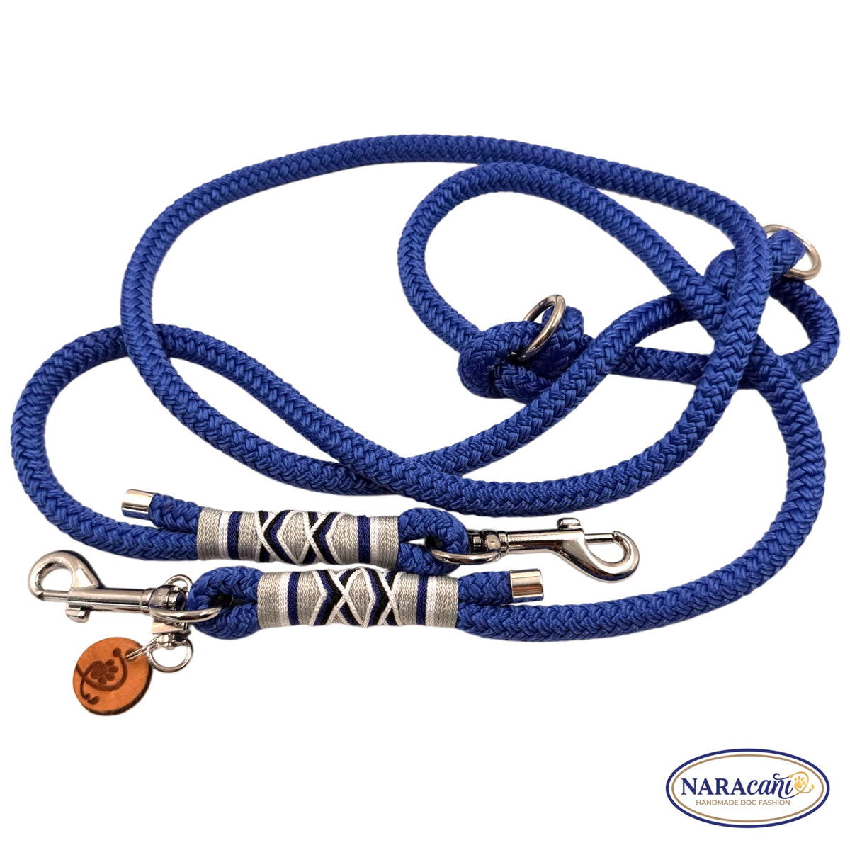 Sparset Hund Fettleder Cognac Electric-Blue Ocean Spark | Halsband & Multifunktionsleine im Set | NARAcani Handmade