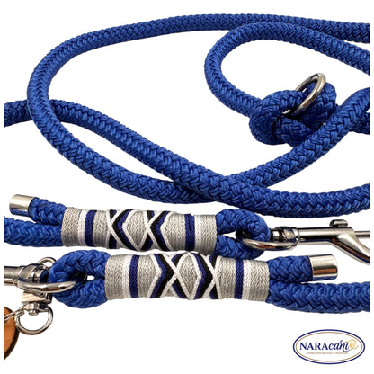 Sparset Hund Fettleder Cognac Electric-Blue Ocean Spark | Halsband & Multifunktionsleine im Set | NARAcani Handmade