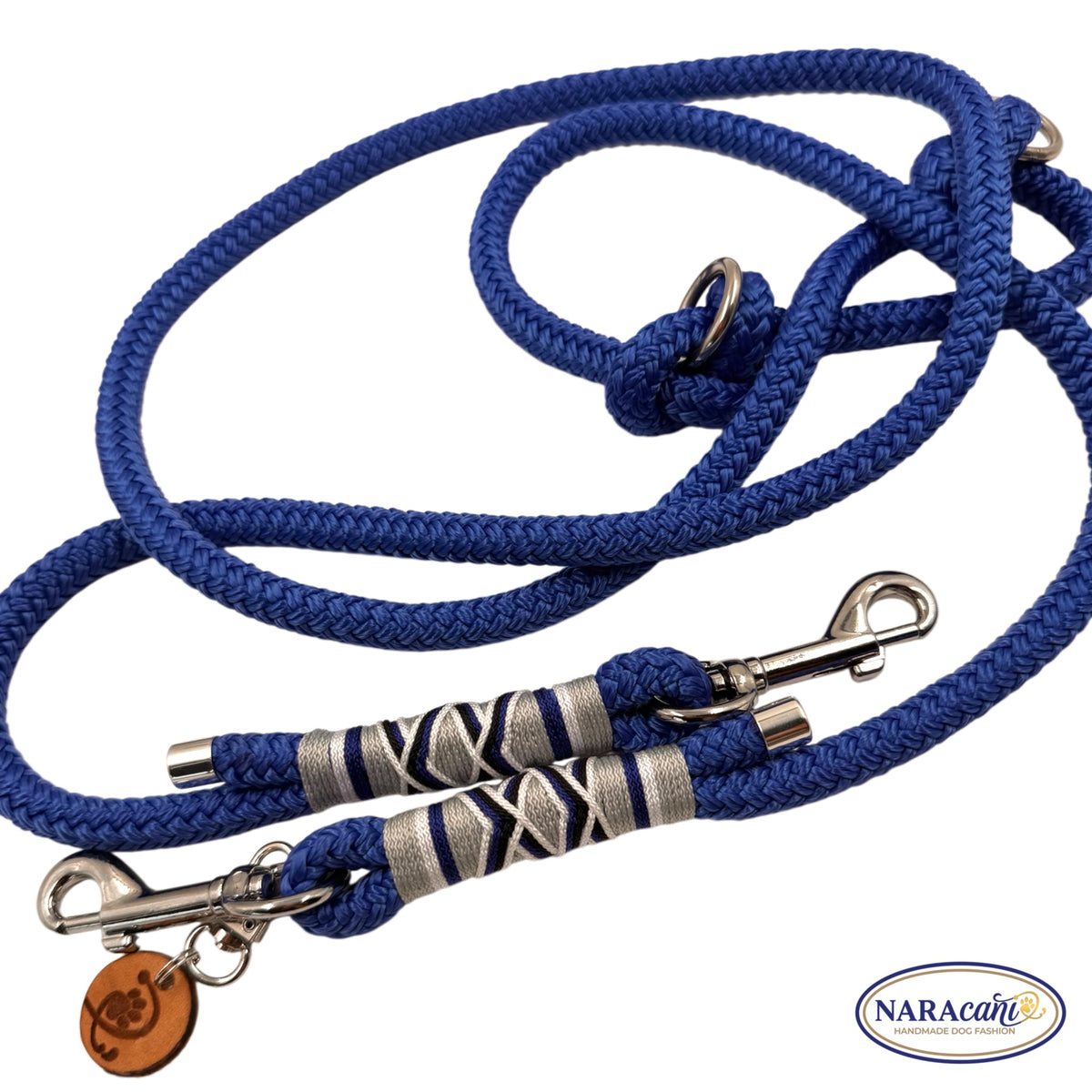 Sparset Hund Fettleder Cognac Electric-Blue Ocean Spark | Halsband & Multifunktionsleine im Set | NARAcani Handmade