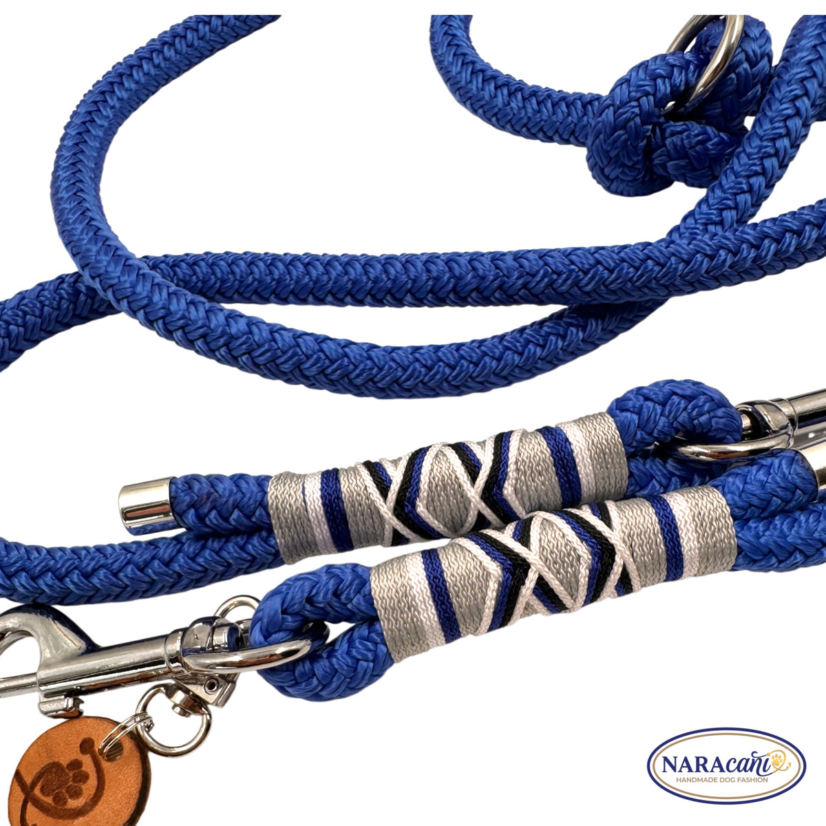 Hundeleine Multifunktionsleine Paracord Electric-Blue Ocean Spark | 3-fach Verstellbar Kreuz-Takelung | NARAcani Handmade
