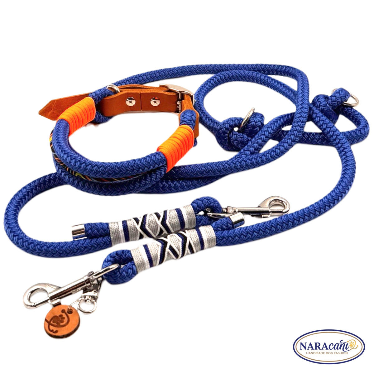 Hundehalsband Fettleder Cognac Electric-Blue Ocean Spark Maßanfertigung | Neonorange Takelung | NARAcani Handmade