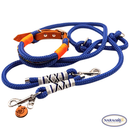 Hundehalsband Fettleder Cognac Electric-Blue Ocean Spark Maßanfertigung | Neonorange Takelung | NARAcani Handmade
