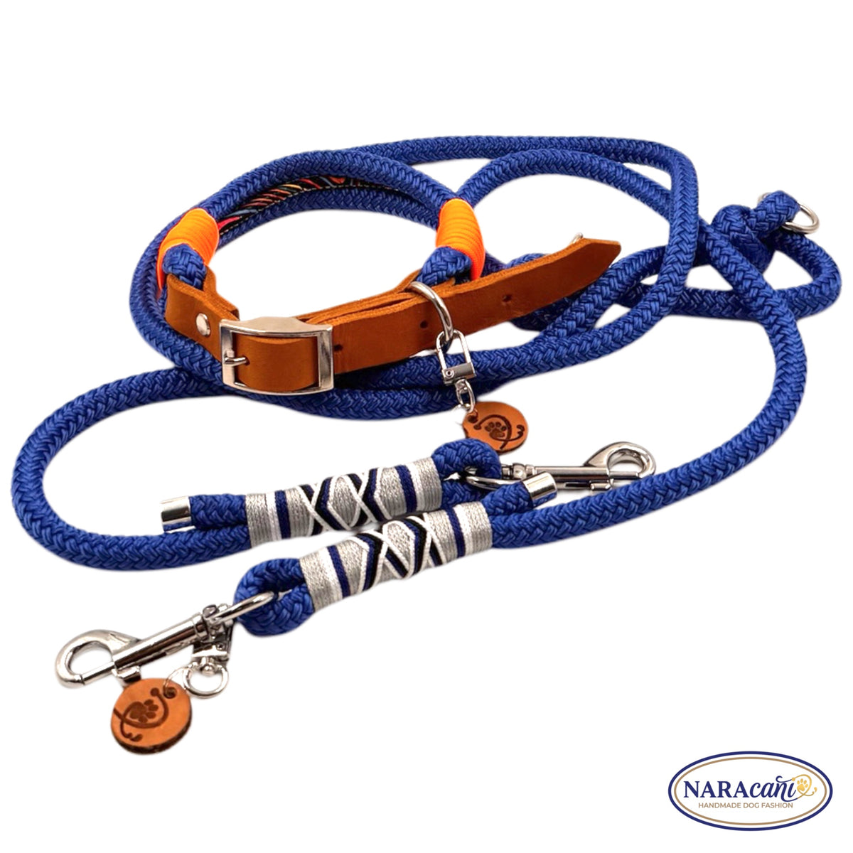 Hundehalsband Fettleder Cognac Electric-Blue Ocean Spark Maßanfertigung | Neonorange Takelung | NARAcani Handmade