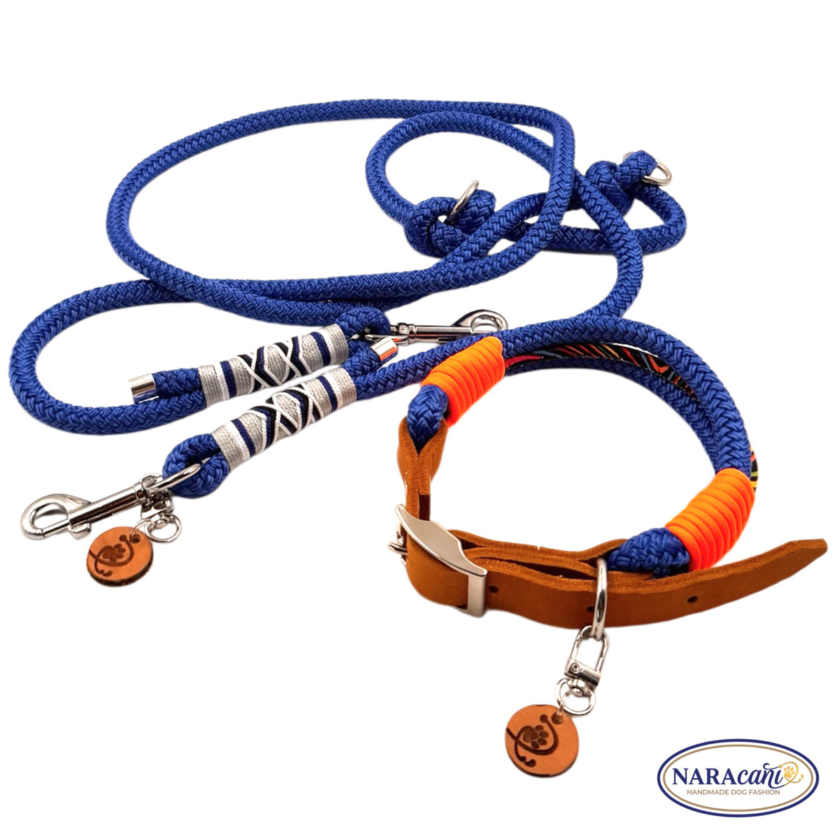 Hundehalsband Fettleder Cognac Electric-Blue Ocean Spark Maßanfertigung | Neonorange Takelung | NARAcani Handmade