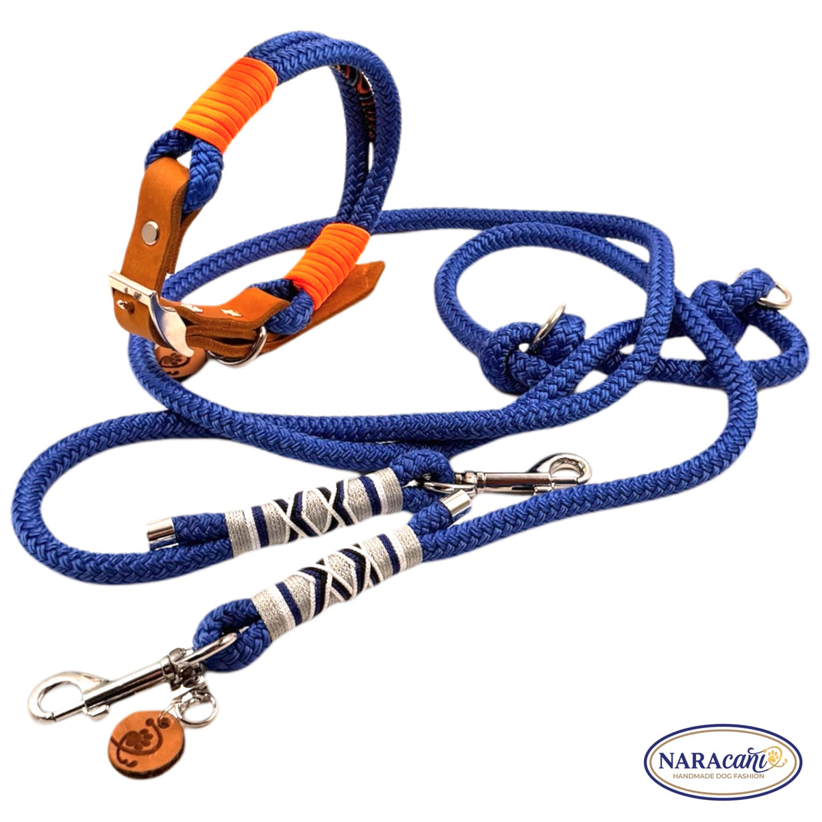 Hundehalsband Fettleder Cognac Electric-Blue Ocean Spark Maßanfertigung | Neonorange Takelung | NARAcani Handmade