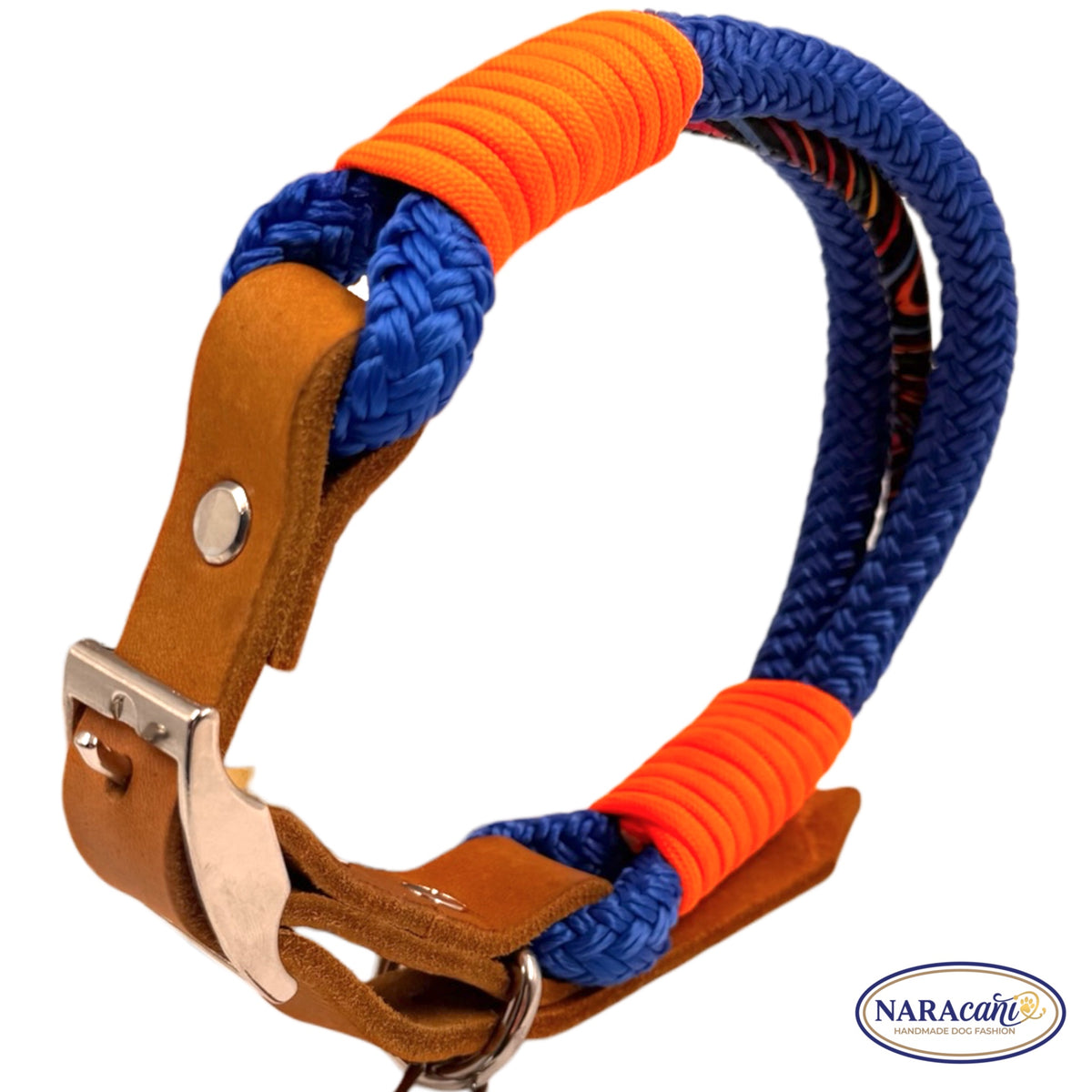 Sparset Hund Fettleder Cognac Electric-Blue Ocean Spark | Halsband & Multifunktionsleine im Set | NARAcani Handmade