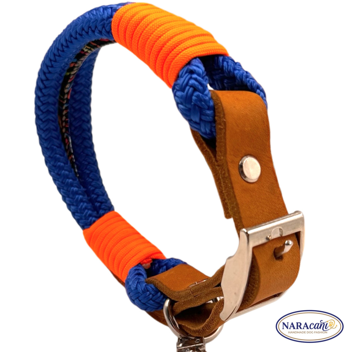 Hundehalsband Fettleder Cognac Electric-Blue Ocean Spark Maßanfertigung | Neonorange Takelung | NARAcani Handmade