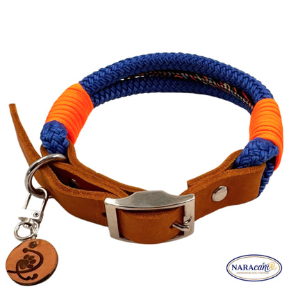 Sparset Hund Fettleder Cognac Electric-Blue Ocean Spark | Halsband & Multifunktionsleine im Set | NARAcani Handmade