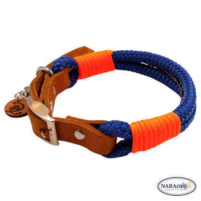 Sparset Hund Fettleder Cognac Electric-Blue Ocean Spark | Halsband & Multifunktionsleine im Set | NARAcani Handmade