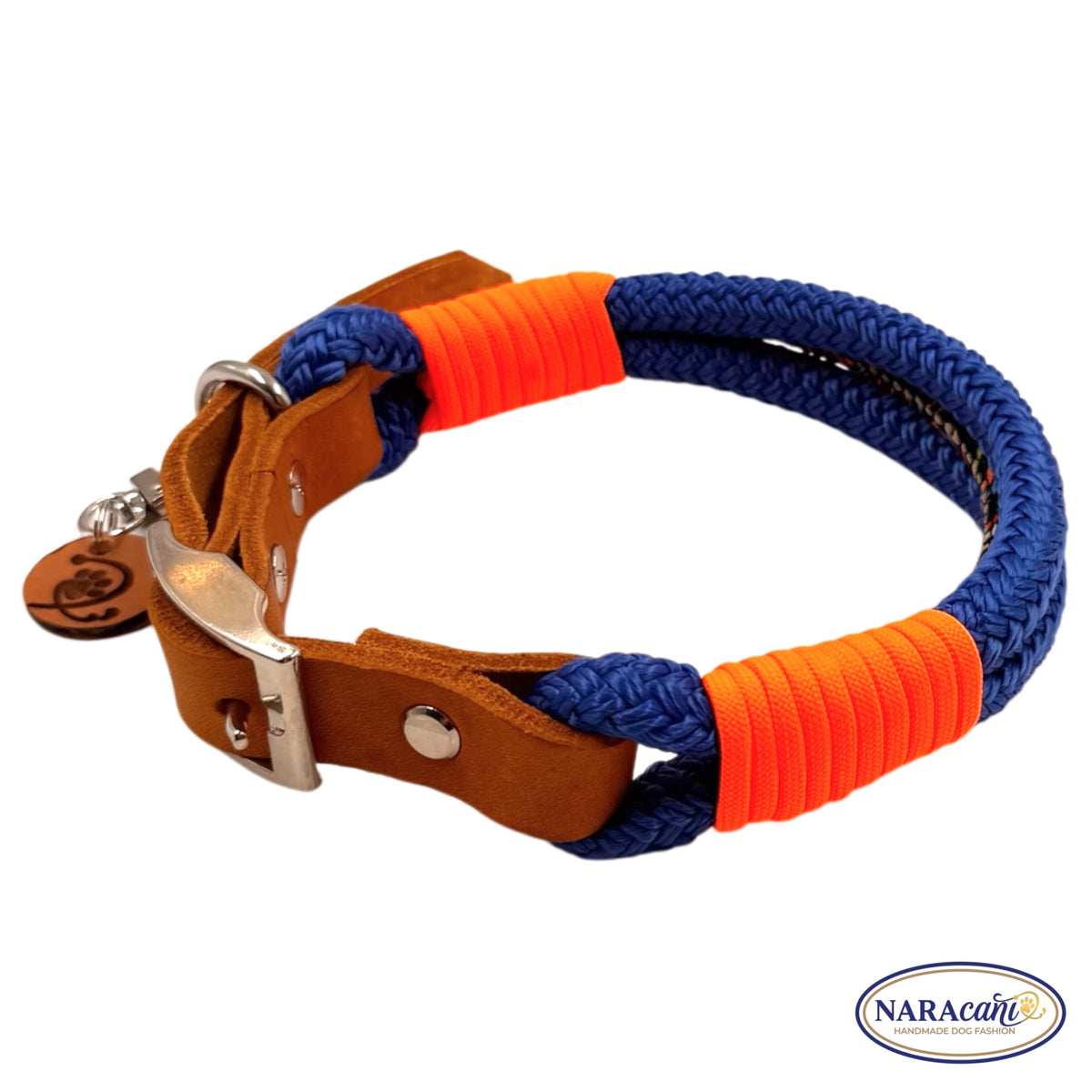 Hundehalsband Fettleder Cognac Electric-Blue Ocean Spark Maßanfertigung | Neonorange Takelung | NARAcani Handmade