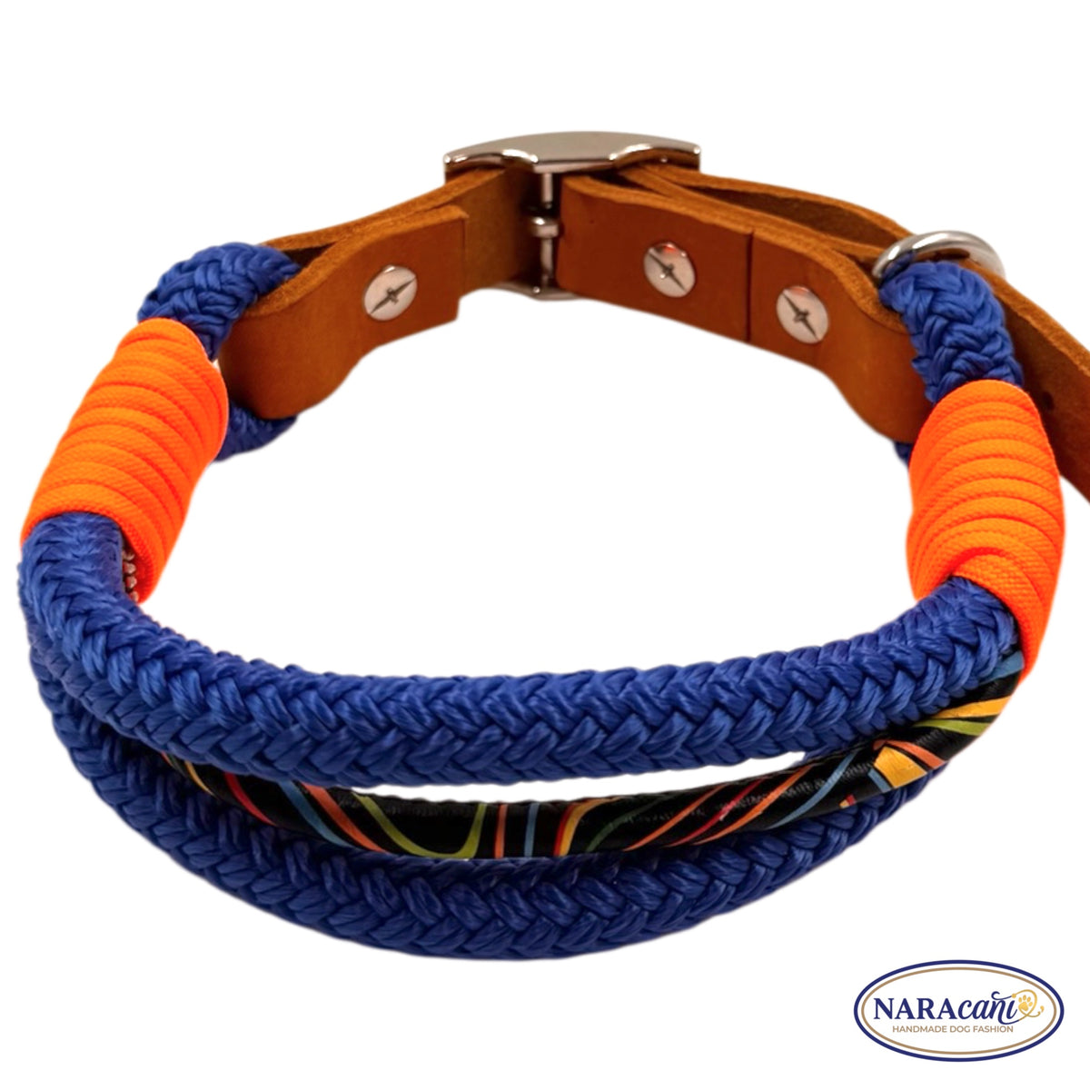 Hundehalsband Fettleder Cognac Electric-Blue Ocean Spark Maßanfertigung | Neonorange Takelung | NARAcani Handmade