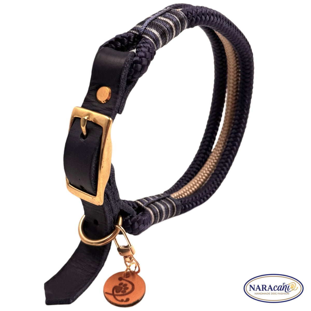 Hundehalsband Paracord Lederadapter Marine-Navy Sandbank | Takelung Navy-Weiß-Töne | NARAcani Handmade